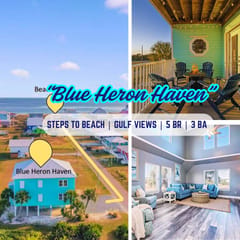 “Blue Heron Haven” | 5BR, Steps To Beach, Gulf Views, Firepit, Dog Friendly, Beach Gear Loaded